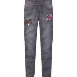 Dżinsy SKINNY bonprix szary denim. Szare spodnie dziewczęce bonprix, z aplikacjami, z jeansu. Za 74,99 zł.