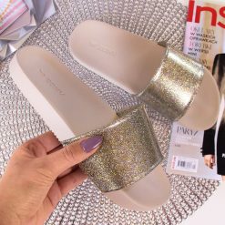 Klapki damskie: Klapki damskie gumowe brokatowe złote ZAXY Snap Glitter