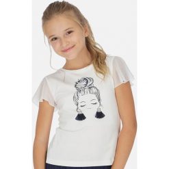 Mayoral - T-shirt dziecięcy 128-167 cm. Białe bluzki dziewczęce Mayoral, z nadrukiem, z dzianiny, z okrągłym kołnierzem, z krótkim rękawem, krótkie, bez kaptura. Za 82,90 zł.
