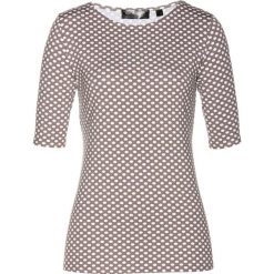 Shirt bonprix brązowo-biały w groszki. Szare koszulki damskie marki bonprix, w grochy, z dzianiny, bez kołnierzyka. Za 39,99 zł.