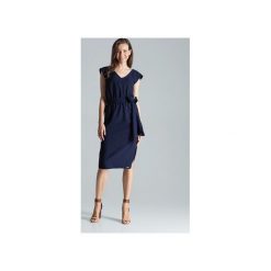 Sukienka M674 Granat. Niebieskie sukienki damskie FIGL, xl, w paski, z tkaniny, z dekoltem w serek, bez rękawów, midi, asymetryczne. Za 179,00 zł.