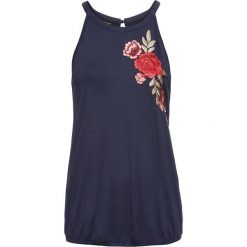 Top z haftem bonprix ciemnoniebieski. Niebieskie topy damskie bonprix, z haftami, bez kołnierzyka. Za 44,99 zł.