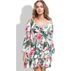 Sukienka hiszpanka i264. Szare sukienki hiszpanki marki Molly.pl, l, w koronkowe wzory, z koronki, eleganckie, z dekoltem typu hiszpanka, z krótkim rękawem, midi, dopasowane. Za 159,00 zł.