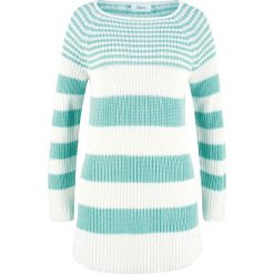 Sweter w paski, z dekoltem w łódkę, dzianina w prążek bonprix morski pastelowy - biel wełny w paski. Niebieskie swetry damskie bonprix, w paski, z wełny, bez rękawów, bez kaptura. Za 79,99 zł.