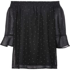 Bluzka "carmen" bonprix czarno-biały w kropki. Czarne koszulki damskie bonprix, bez wzorów, bez kołnierzyka, bez rękawów. Za 29,99 zł.