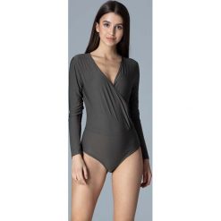 Oliwkowe Eleganckie Body z Kopertowym Dekoltem. Zielone podkoszulki damskie Molly.pl, s, bez wzorów, eleganckie, bez kołnierzyka, z długim rękawem. Za 125,90 zł.