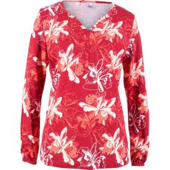Shirt bawełniany, długi rękaw bonprix ciemnoczerwony z nadrukiem. Czerwone koszulki damskie marki bonprix, z nadrukiem, z bawełny, bez kołnierzyka, z długim rękawem. Za 44,99 zł.