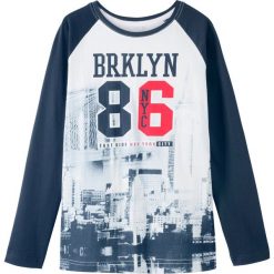 Shirt z długim rękawem bonprix ciemnoniebiesko-kremowy. Niebieskie koszule chłopięce bonprix, z nadrukiem, bez kołnierzyka, z długim rękawem, długie. Za 34,99 zł.
