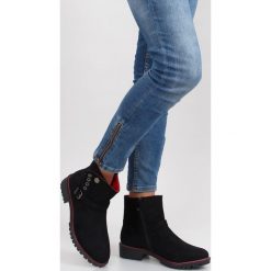 Botki sztyblety z lamówką r112p BLACK. Czarne botki damskie obuwie damskie, z zamszu, bez obcasa, bez zapięcia. Za 107,30 zł.