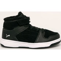 Puma - Buty dziecięce Rebound Layup Fur SD V PS. Czarne trampki chłopięce Puma, bez wzorów, ze skóry, sportowe, z okrągłym noskiem, bez zapięcia. W wyprzedaży za 159,90 zł.