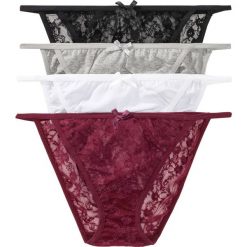 Figi tanga (4 pary) bonprix czarny + jasnoszary + biały + czerwony. Czarne majtki damskie bonprix, w koronkowe wzory, z bawełny. Za 51,96 zł.