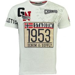 Koszulka "Jampion" w kolorze białym. Białe koszulki męskie Geographical Norway Men, m, z nadrukiem, z bawełny, z okrągłym kołnierzem, bez rękawów. W wyprzedaży za 64,95 zł.