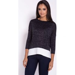 Granatowa Oversizowa Bluzka z Łączonych Materiałów. Niebieskie bluzki damskie marki Molly.pl, s, bez wzorów, z jeansu, eleganckie, bez kołnierzyka, bez rękawów. Za 112,90 zł.