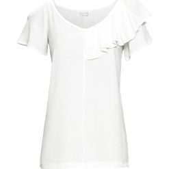 Top z dżerseju z falbaną bonprix biel wełny. Białe bluzki z odkrytymi ramionami marki bonprix, z wełny. Za 54,99 zł.