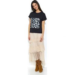 Czarny T--shirt z Motywem Zwierzęcym w Białą Panterkę. Białe bluzki damskie Molly.pl, s, bez wzorów, z bawełny, z okrągłym kołnierzem. Za 117,90 zł.