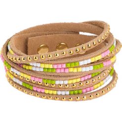 Bransoletki damskie: Skórzana bransoletka w kolorze jasnobrązowym z kryształkami i perełkami Swarovski