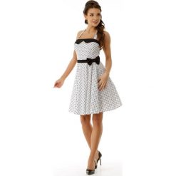 Rozkloszowana sukienka w stylu pin up z gorsetową górą. Białe sukienki damskie Made in Poland, bez wzorów, z elastanu, bez kołnierzyka, bez rękawów, rozkloszowane. Za 279,00 zł.