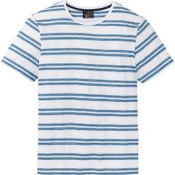 T-shirt w paski bonprix czarno-niebieski w paski. Niebieskie koszulki męskie bonprix, xl, w paski, z bawełny, bez kołnierzyka. Za 24,99 zł.