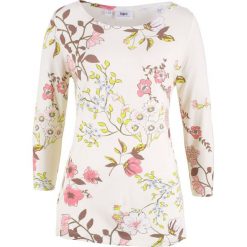 Shirt w kwiaty bonprix biel wełny w kwiaty. Białe koszulki damskie marki bonprix, w kwiaty, z wełny, bez kołnierzyka. Za 44,99 zł.