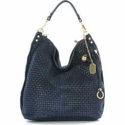 Skórzana torebka w kolorze granatowym - 42 x 38 x 17 cm. Niebieskie torebki klasyczne damskie marki Anna Morellini, w paski, z materiału. W wyprzedaży za 347,95 zł.