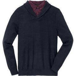 Sweter z koszulową wstawką Regular Fit bonprix ciemnoniebieski. Niebieskie swetry męskie marki bonprix, s, bez wzorów, z koszulowym kołnierzykiem, bez kaptura. Za 54,99 zł.