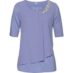 Shirt Premium z wstawką z tkaniny bonprix jasny lawendowy. Fioletowe koszulki damskie bonprix, z aplikacjami, z tkaniny, eleganckie, z okrągłym kołnierzem, bez rękawów. Za 109,99 zł.