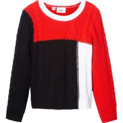 Sweter dzianinowy w warkocze bonprix czarno-biało-czerwony. Czarne swetry dziewczęce bonprix, bez wzorów, z dzianiny, bez kołnierzyka, bez rękawów, bez kaptura. Za 54,99 zł.