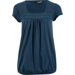 Shirt bawełniany z koronką i krótkim rękawem bonprix ciemnoniebieski. Niebieskie koszulki damskie bonprix, w koronkowe wzory, z bawełny, bez kołnierzyka, z krótkim rękawem. Za 44,99 zł.