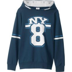 Bluza z kapturem bonprix ciemnoniebiesko-biel wełny z nadrukiem. Niebieskie bluzy chłopięce bonprix, z nadrukiem, z wełny, bez rękawów, z kapturem. Za 37,99 zł.