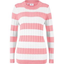 Sweter w paski i warkocze bonprix kremowy jasnoróżowy - biel wełny w paski. Różowe swetry damskie bonprix, w paski, z wełny, bez rękawów, bez kaptura. Za 34,99 zł.