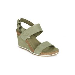 Sandały Timberland CAPRI SUNSET WEDGE. Zielone sandały damskie Timberland, bez wzorów, bez obcasa, bez zapięcia. Za 439,00 zł.