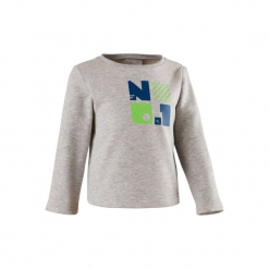 Bluza do gimnastyki 100 dla maluchów. Szare bluzy niemowlęce marki DOMYOS, z nadrukiem, z bawełny. Za 19,99 zł.
