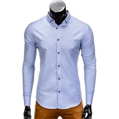 KOSZULA MĘSKA ELEGANCKA Z DŁUGIM RĘKAWEM K358 - BŁĘKITNA. Niebieskie koszule męskie na spinki Ombre Clothing, m, z bawełny, z kontrastowym kołnierzykiem, z długim rękawem. Za 49,00 zł.