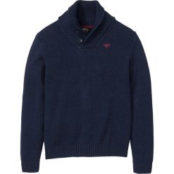 Sweter z szalowym kołnierzem bonprix ciemnoniebieski. Niebieskie swetry męskie bonprix, s, z haftami, ze skóry. Za 54,99 zł.