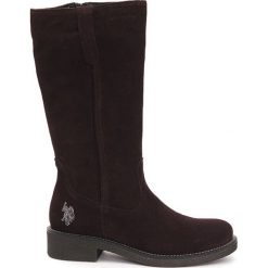 Buty zimowe damskie: Skórzane kozaki w kolorze bordowym