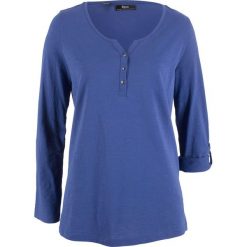 Shirt z przędzy mieszankowej, długi rękaw bonprix szafirowy. Niebieskie tuniki damskie bonprix, bez wzorów, bez kołnierzyka, z długim rękawem. Za 44,99 zł.