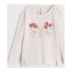 Mango Kids - Longsleeve dziecięcy Elena 80-104 cm. Różowe bluzki dziewczęce Mango Kids, z nadrukiem, z bawełny, z okrągłym kołnierzem, z krótkim rękawem, krótkie, bez kaptura. Za 35,90 zł.