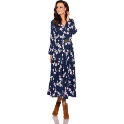 Kopertowa Midi Sukienka Granatowa w Kwiatki z Paskiem. Niebieskie sukienki dziewczęce Molly.pl, w paski, z tkaniny, bez rękawów, długie, midi, rozkloszowane. Za 159,90 zł.