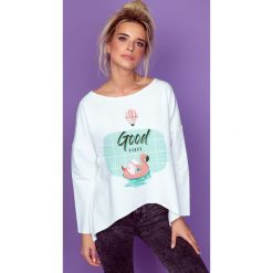 Bluza K148 biały. Białe bluzki damskie Tagless, xl, z nadrukiem, z elastanu, wakacyjne, z asymetrycznym kołnierzem, bez rękawów. Za 123,50 zł.
