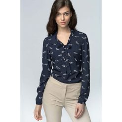 Granatowa Szykowna Bluzka z Szarfą do Wiązania w Okulary. Niebieskie bluzki damskie marki Molly.pl, s, eleganckie, z długim rękawem. Za 99,90 zł.