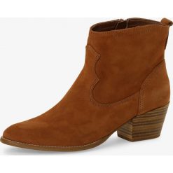 Tamaris - Skórzane botki damskie, brązowy. Pomarańczowe botki damskie Tamaris, eleganckie, na wysokim obcasie, bez zapięcia. Za 349,95 zł.