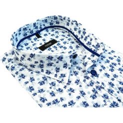Biała koszula w granatowy wzór - liście 583. Niebieskie koszule męskie Mmer - Koszule męskie, m, bez wzorów, z tkaniny, eleganckie, z klasycznym kołnierzykiem, z długim rękawem. Za 148,50 zł.