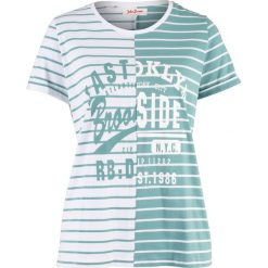 Shirt bawełniany, krótki rękaw bonprix niebieski mineralny - biały w paski. Niebieskie koszulki damskie marki bonprix, w paski, z bawełny, bez kołnierzyka, z krótkim rękawem. Za 44,99 zł.