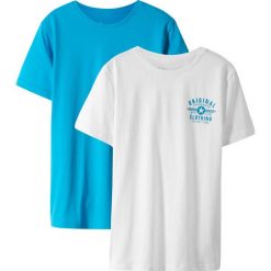 T-shirt basic (2 szt.) bonprix biały + turkusowy. Białe koszule chłopięce bonprix, z nadrukiem, bez kołnierzyka, bez rękawów. Za 35,98 zł.