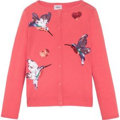 Sweter rozpinany z cekinami bonprix jasny koralowy. Różowe swetry dziewczęce bonprix, z aplikacjami, z dzianiny, z okrągłym kołnierzem, bez rękawów, bez kaptura. Za 32,99 zł.