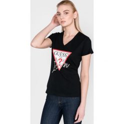 Guess Koszulka Czarny. Czarne koszulki damskie Guess, l, z nadrukiem, z bawełny, bez kołnierzyka. Za 131,95 zł.