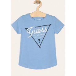 Guess Jeans - T-shirt dziecięcy 118-175 cm. Niebieskie bluzki dziewczęce Guess Jeans, z nadrukiem, z elastanu, z okrągłym kołnierzem, z krótkim rękawem, krótkie, bez kaptura. Za 89,90 zł.