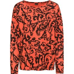 Miękki shirt z nadrukiem bonprix pomarańczowo-czerwono-czarny wzorzysty. Pomarańczowe koszulki damskie bonprix, z nadrukiem, bez kołnierzyka, bez rękawów. Za 49,99 zł.