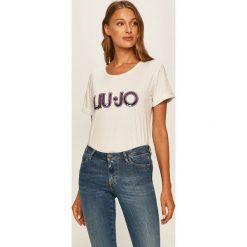 Liu Jo - T-shirt. Białe bluzki damskie Liu Jo, s, z aplikacjami, z elastanu, casualowe, z okrągłym kołnierzem. W wyprzedaży za 159,90 zł.