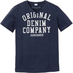 T-shirt z nadrukiem bonprix ciemnoniebieski. Niebieskie t-shirty męskie bonprix, s, z nadrukiem, z dekoltem w serek. Za 29,99 zł.